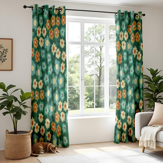 Onay 70s Floral Curtains – Retro Green & Orange Cottagecore Draps