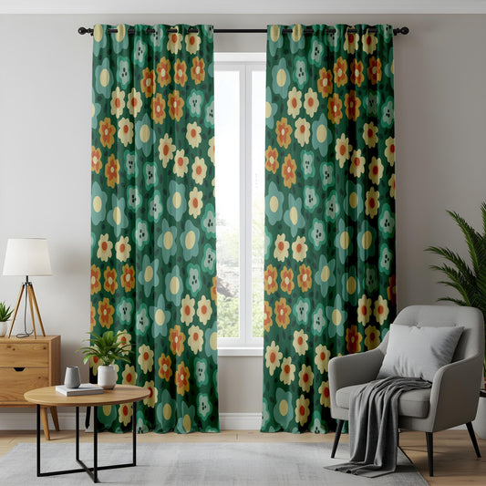 Onay 70s Floral Curtains – Retro Green & Orange Cottagecore Draps