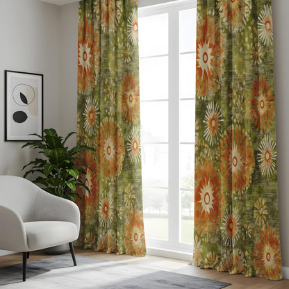 Onay 70s Retro Floral Curtains – Vintage Green & Orange Drapes