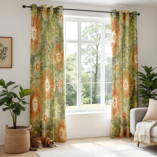 Onay 70s Retro Floral Curtains – Vintage Green & Orange Drapes