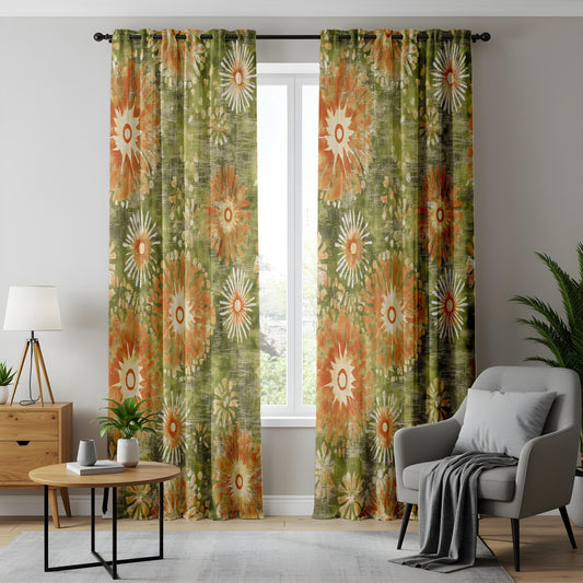 Onay 70s Retro Floral Curtains – Vintage Green & Orange Drapes