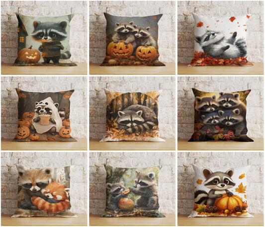 Fall Raccoon Halloween Pumpkin and Woodland Cushion Covers