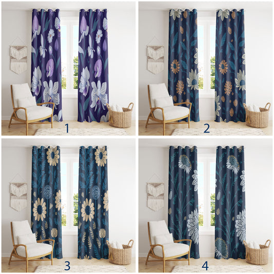 Retro Floral Curtains Bohemian Blue and Purple Flower Patterned Home Drapes