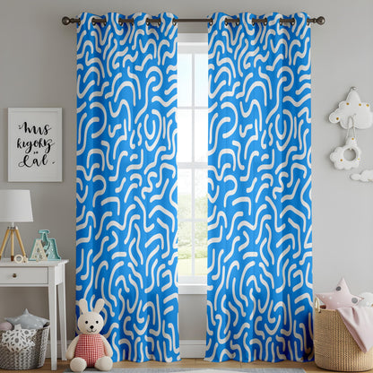 Onay Abstract Blue Curtains for Living Room, Funky Wavy Pattern Curtains