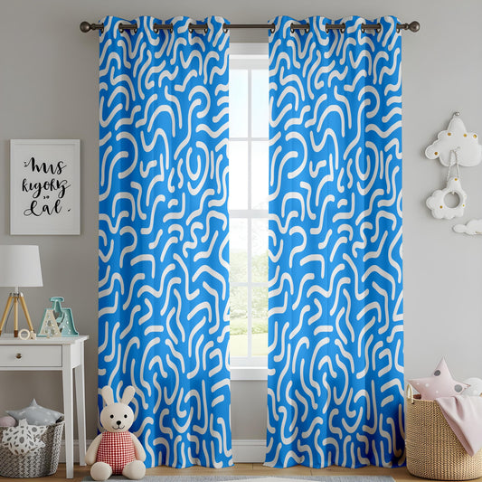 Onay Abstract Blue Curtains for Living Room, Funky Wavy Pattern Curtains