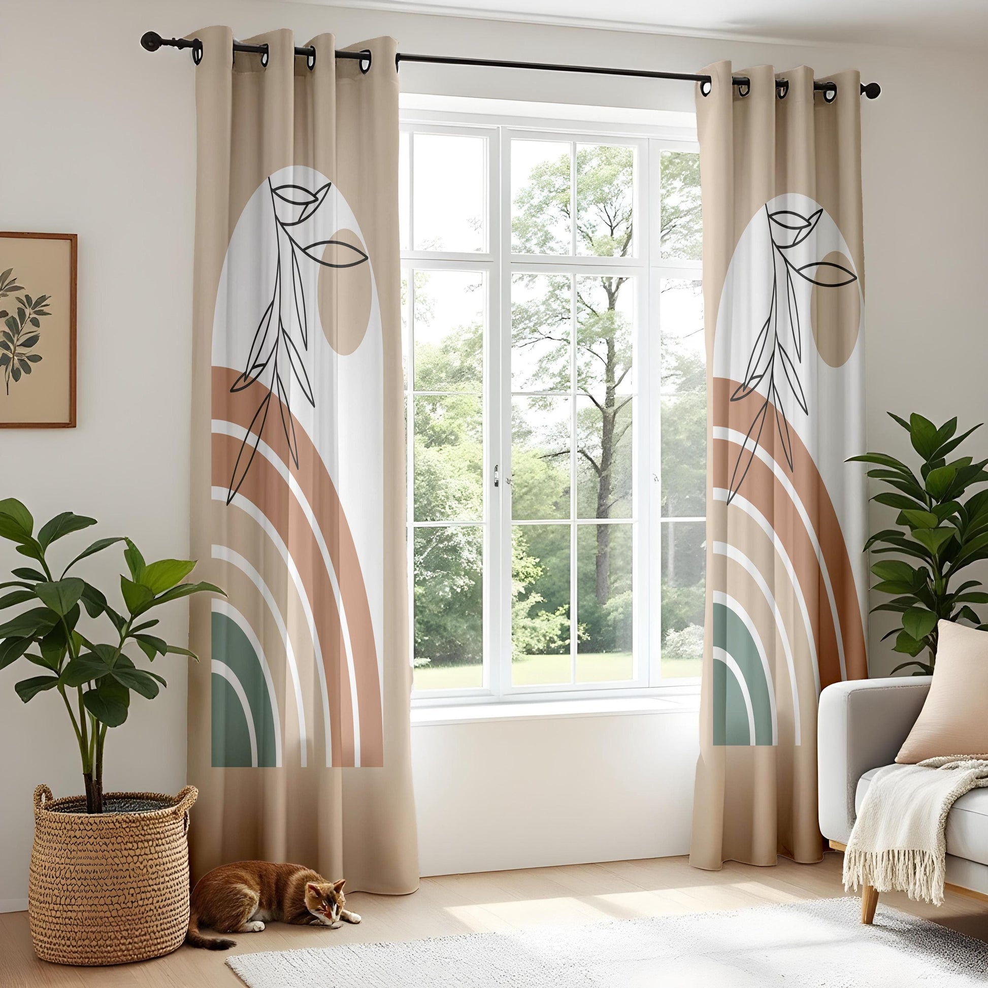 Onay Abstract Boho Plant Curtains – Terracotta and Green Rainbow Drapes for Neutral Nature-Inspired Interiors