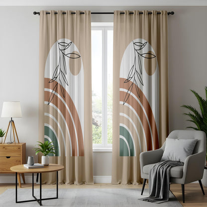 Onay Abstract Boho Plant Curtains – Terracotta and Green Rainbow Drapes for Neutral Nature-Inspired Interiors