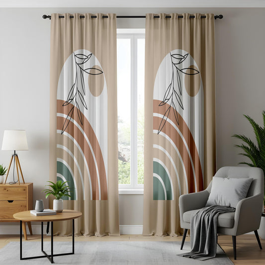 Onay Abstract Boho Plant Curtains – Terracotta and Green Rainbow Drapes for Neutral Nature-Inspired Interiors
