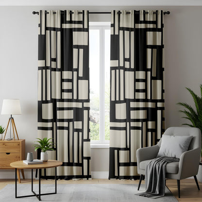 Onay Abstract Geometric Block Curtains – Black and Beige Minimalist Drapes for Modern Interiors