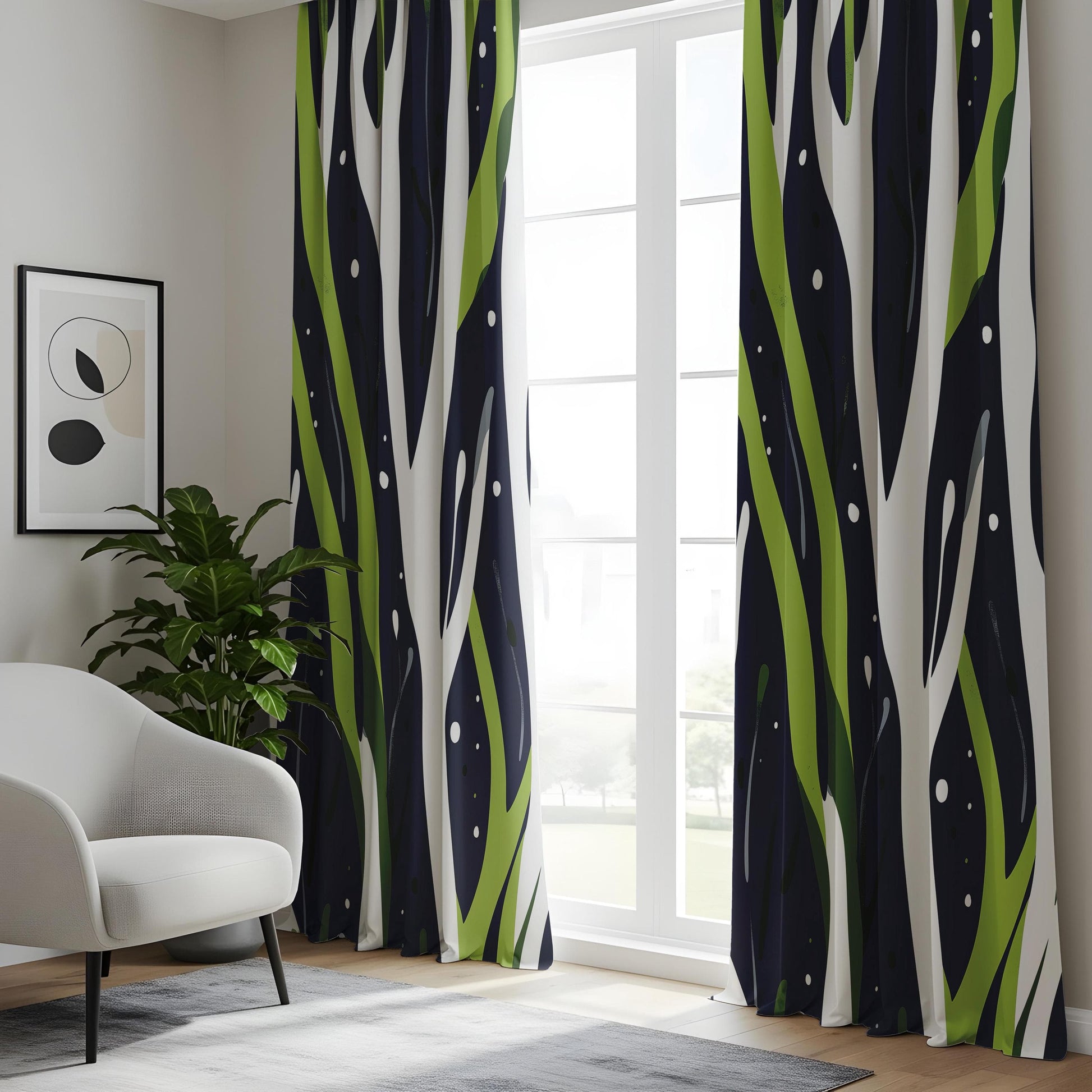 Onay Abstract Nature Curtains in Green and Navy Blue Drapes