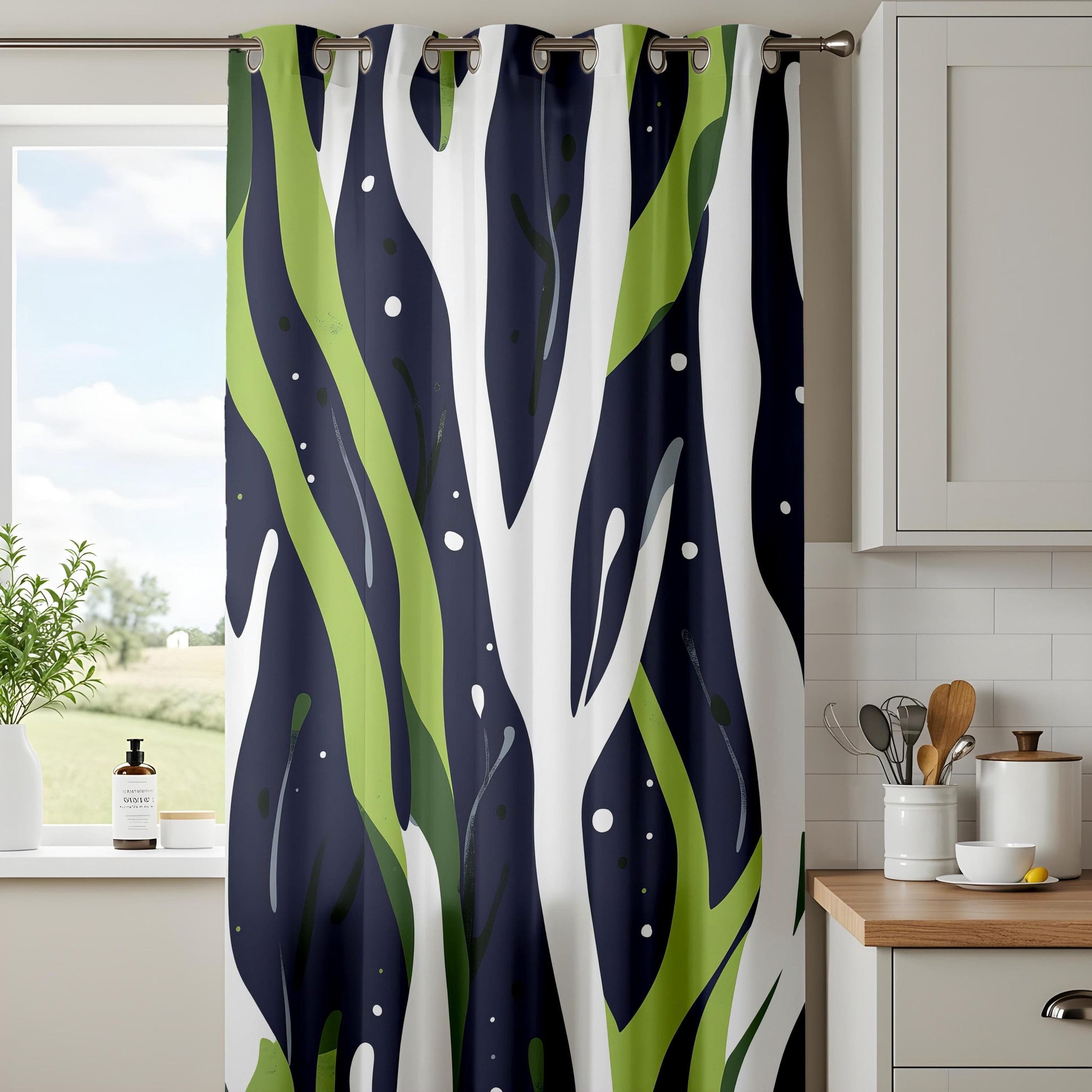 Onay Abstract Nature Curtains in Green and Navy Blue Drapes