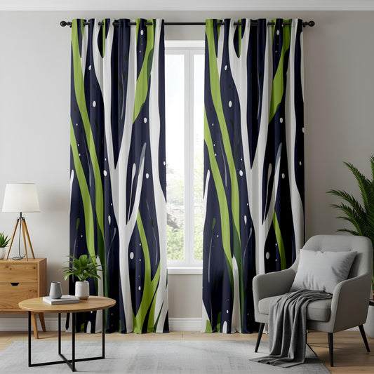 Onay Abstract Nature Curtains in Green and Navy Blue Drapes