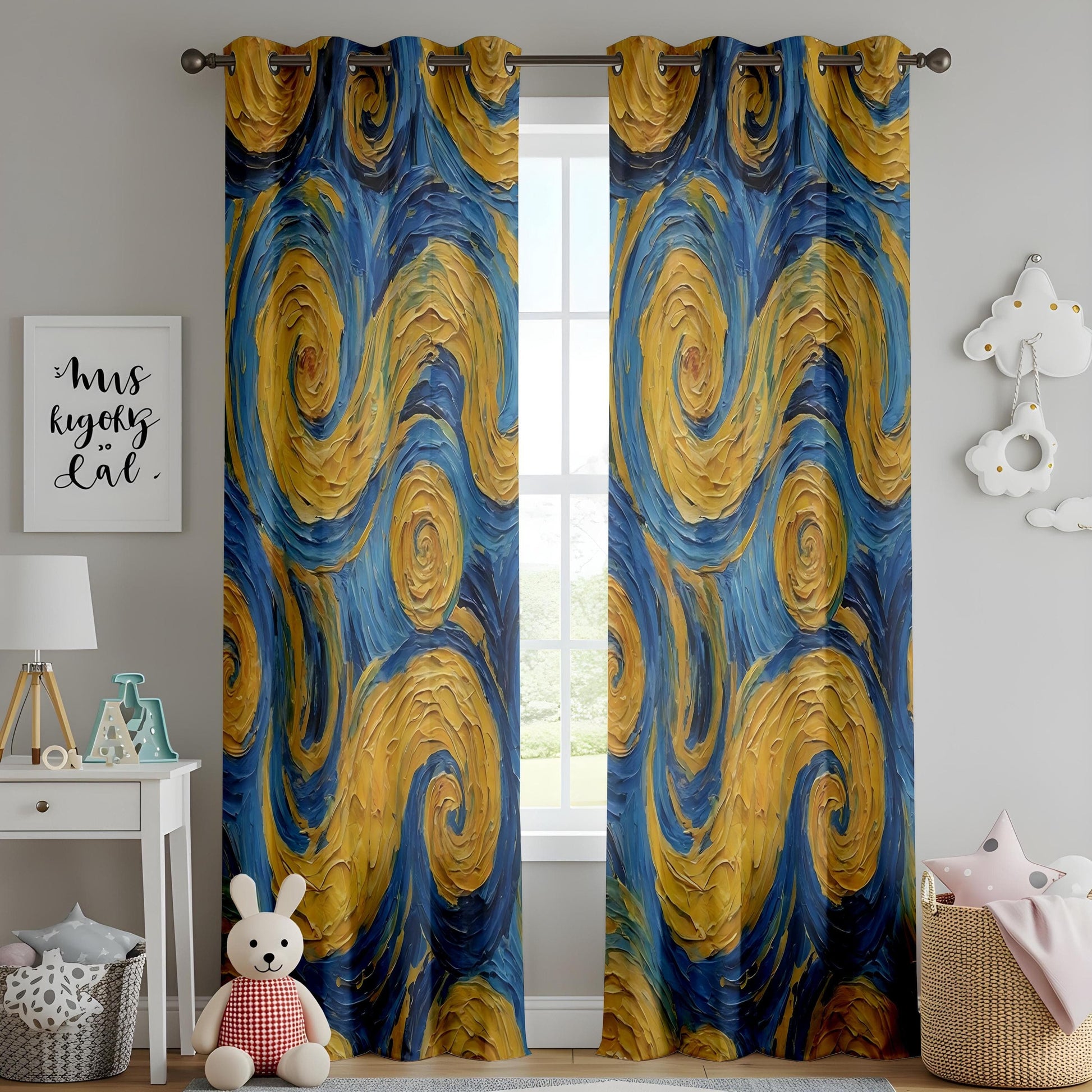 Onay Abstract Swirl Curtains – Blue & Yellow Painterly Drapes