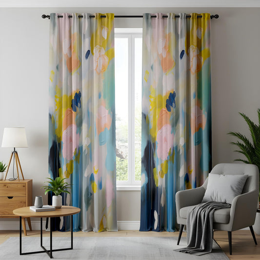 Onay Abstract Watercolor Floral Living Room Curtains, Soft Pastel Home Decor