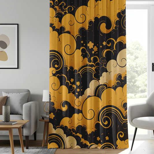Onay Abstract Wave & Cloud Curtains, Luxe Gold Black Home Drapes