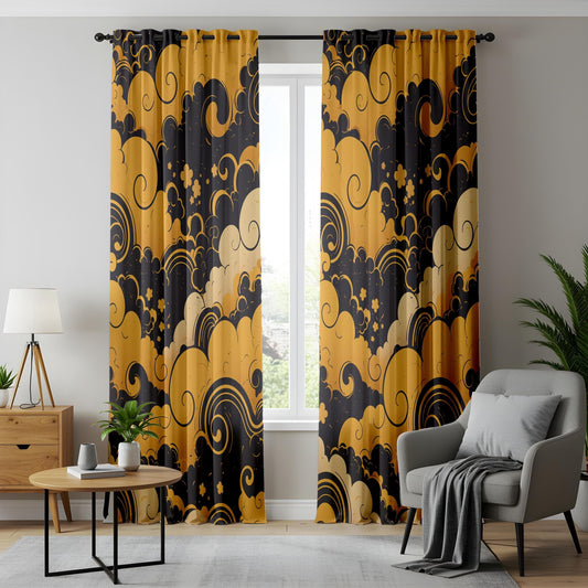 Onay Abstract Wave & Cloud Curtains, Luxe Gold Black Home Drapes