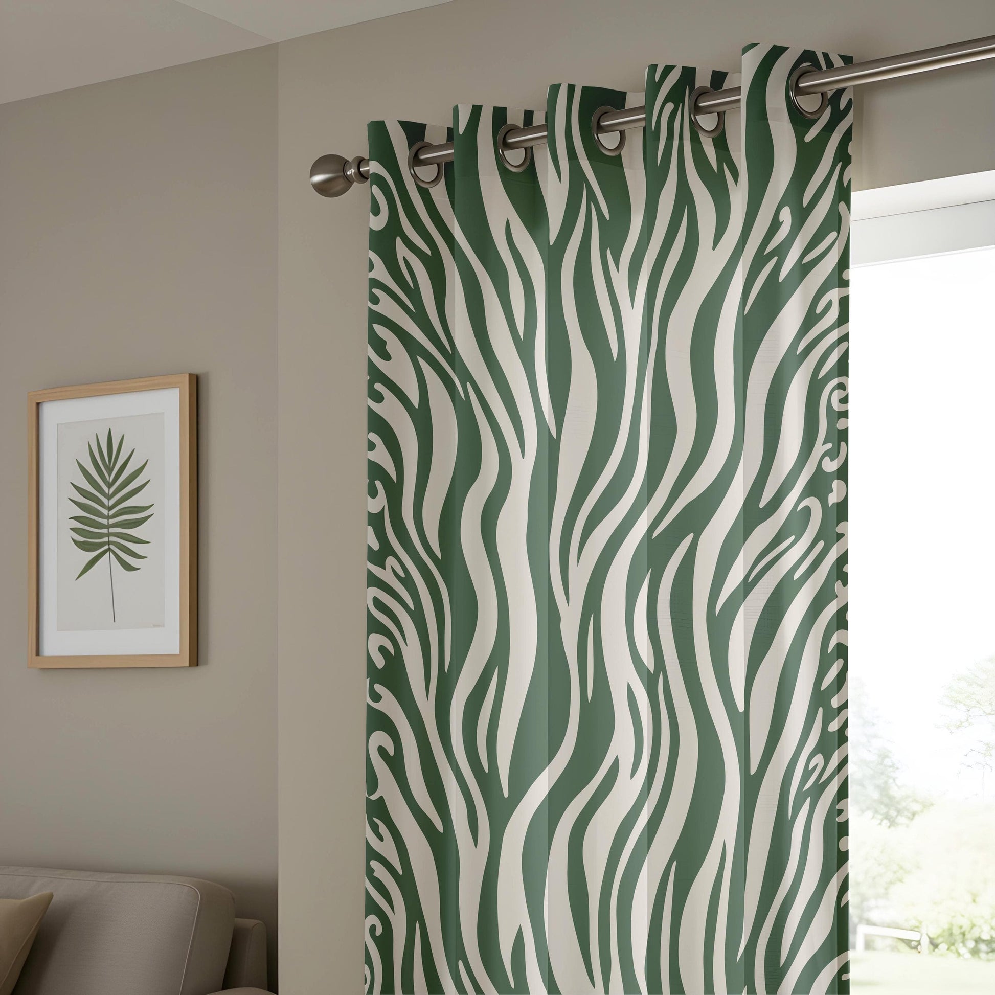 Onay Abstract Wavy Living Room Curtains, Modern Green & Beige Drapes
