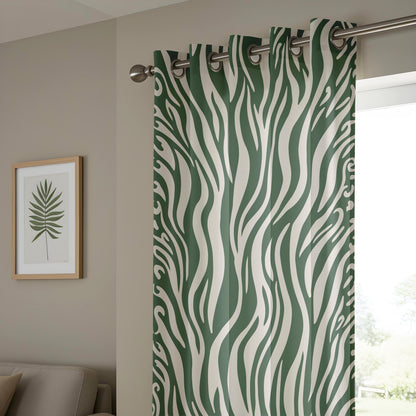 Onay Abstract Wavy Living Room Curtains, Modern Green & Beige Drapes