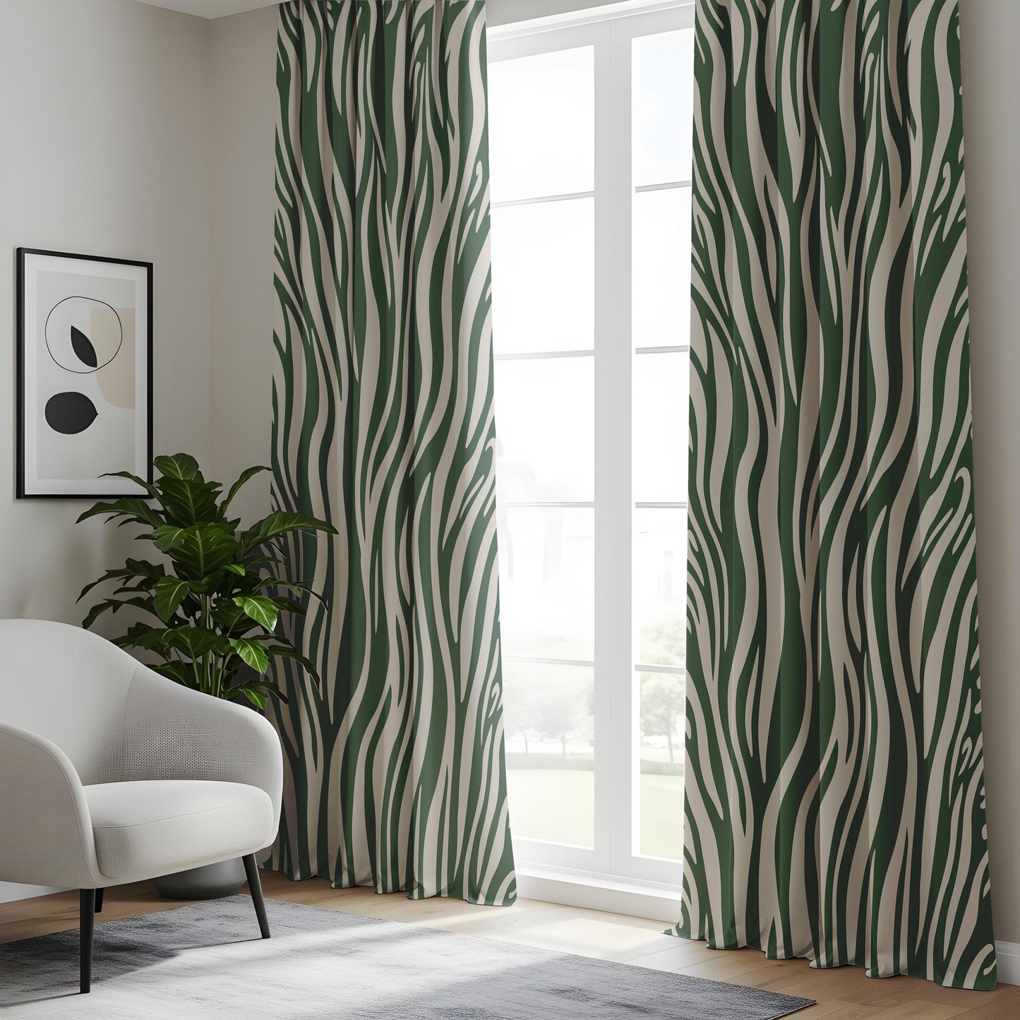 Onay Abstract Wavy Living Room Curtains, Modern Green & Beige Drapes