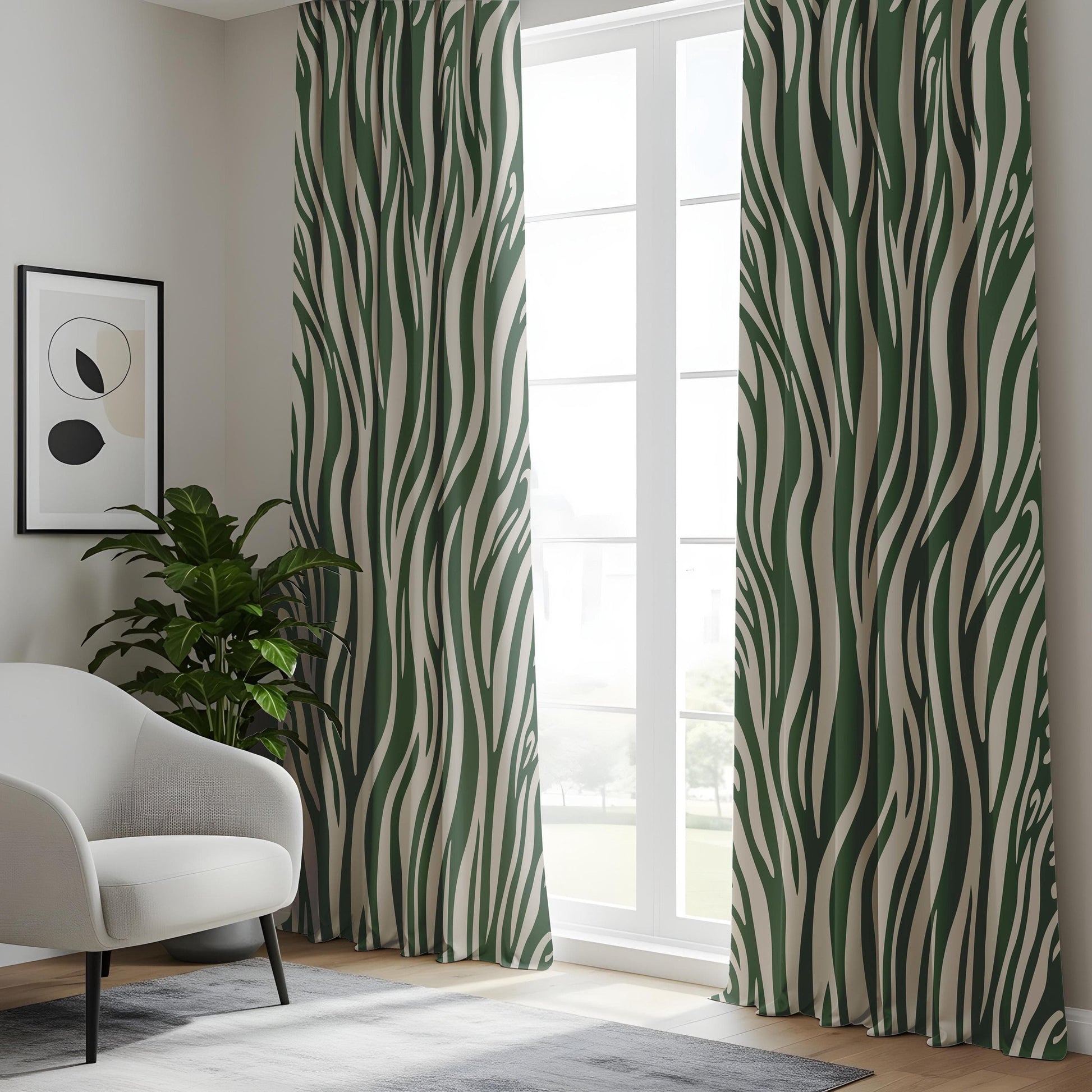 Onay Abstract Wavy Living Room Curtains, Modern Green & Beige Drapes
