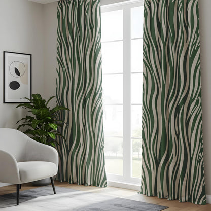Onay Abstract Wavy Living Room Curtains, Modern Green & Beige Drapes
