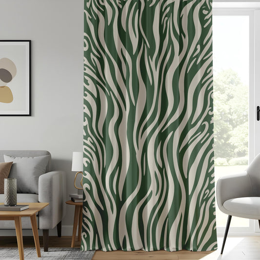 Onay Abstract Wavy Living Room Curtains, Modern Green & Beige Drapes