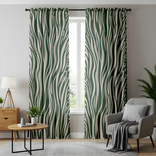 Onay Abstract Wavy Living Room Curtains, Modern Green & Beige Drapes