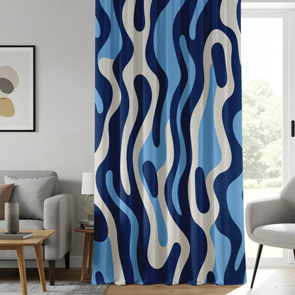 Onay Abstract Wavy Pattern Curtains, Navy and Light Blue Tones