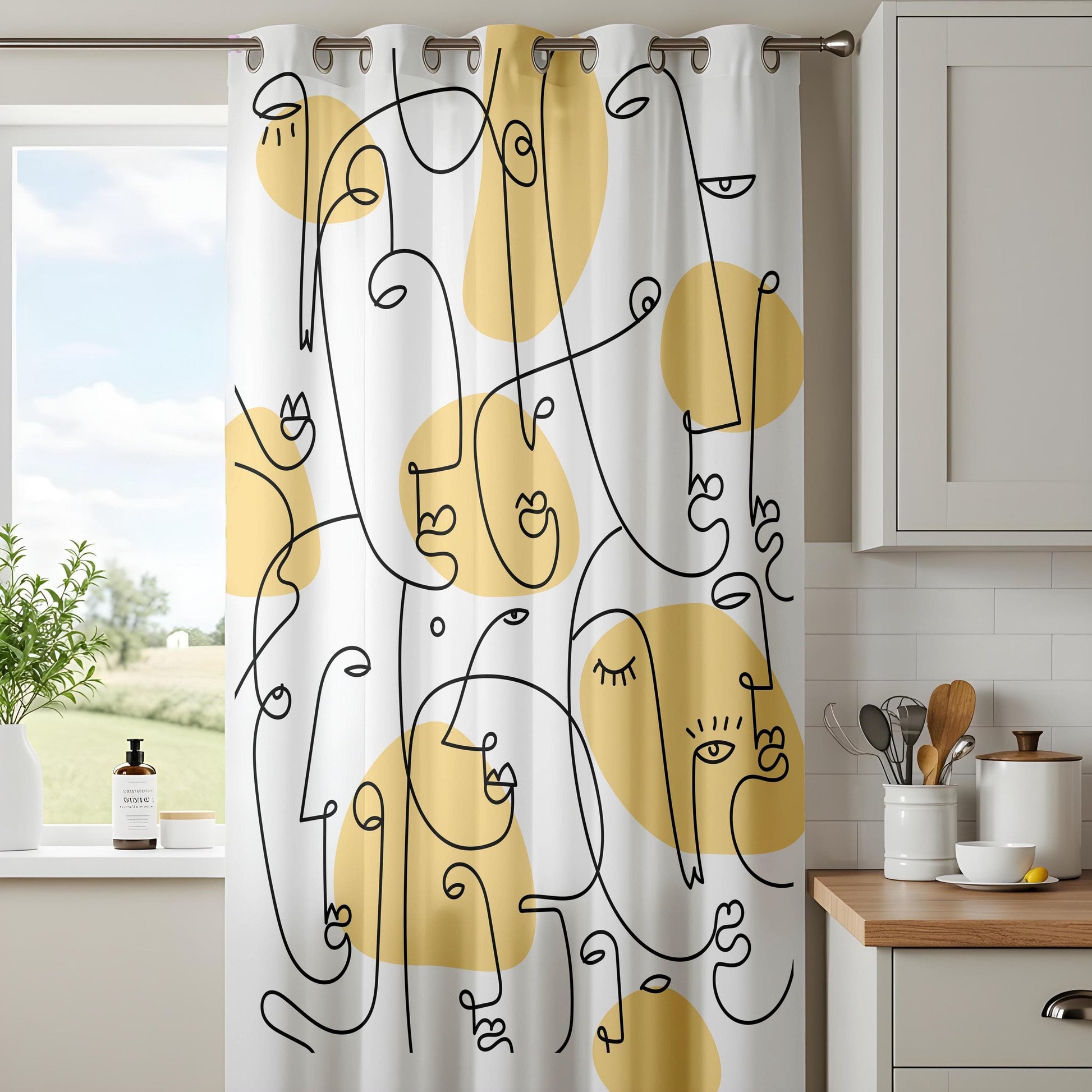 Onay Abstract Yellow Line Art Curtains – Modern Face Design Drapes for Contemporary Interiors
