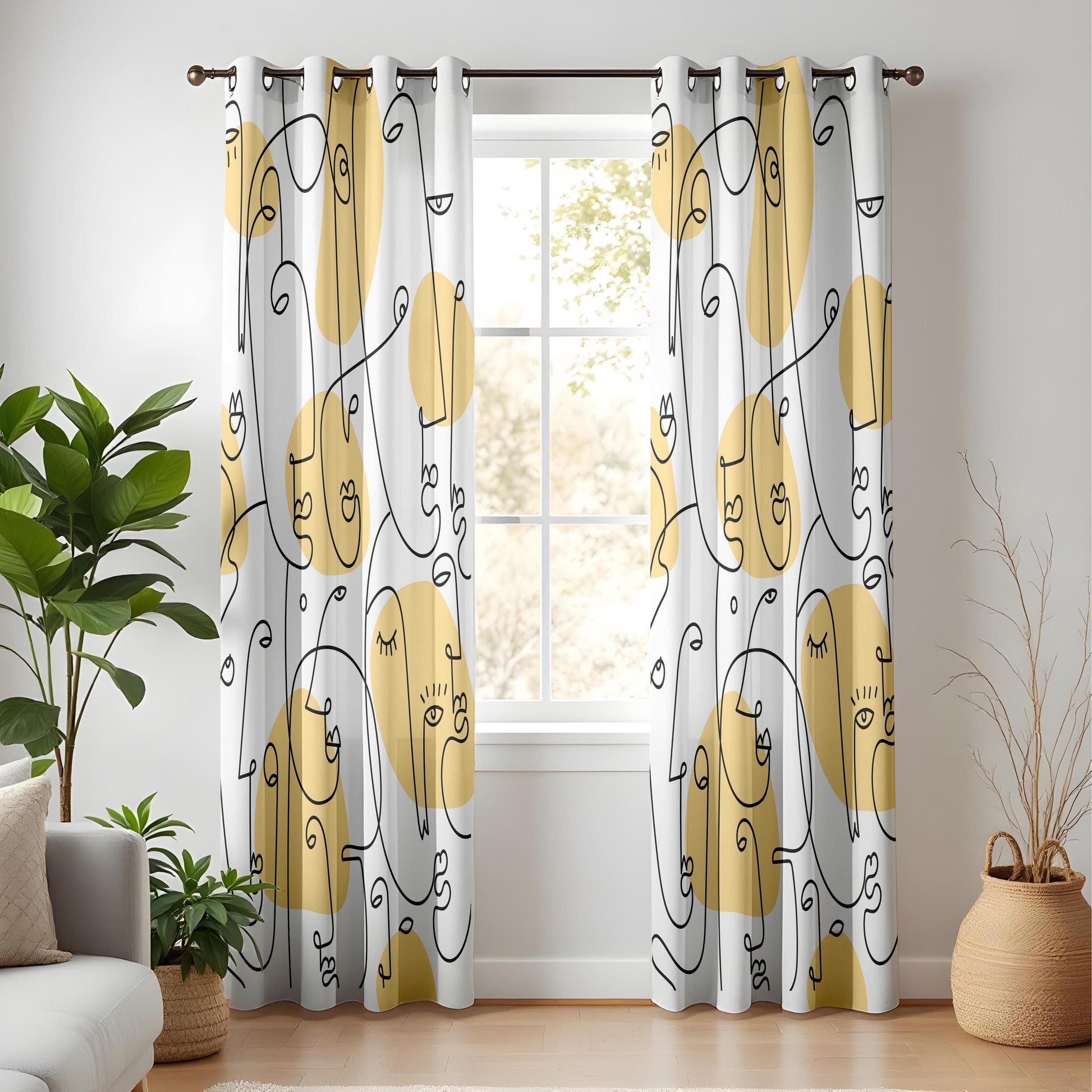 Onay Abstract Yellow Line Art Curtains – Modern Face Design Drapes for Contemporary Interiors