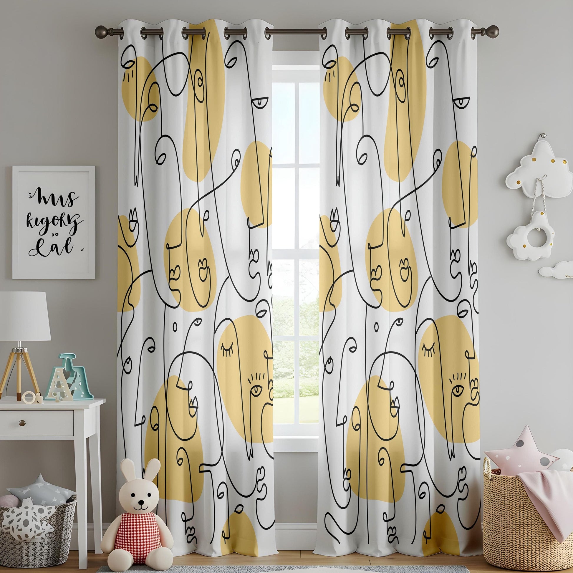 Onay Abstract Yellow Line Art Curtains – Modern Face Design Drapes for Contemporary Interiors