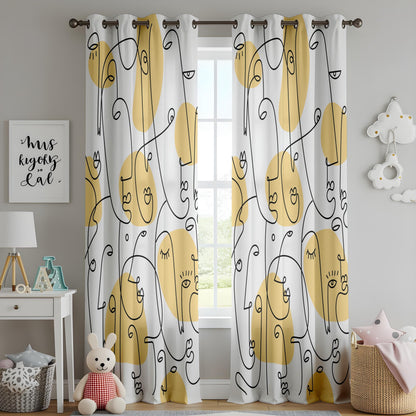 Onay Abstract Yellow Line Art Curtains – Modern Face Design Drapes for Contemporary Interiors
