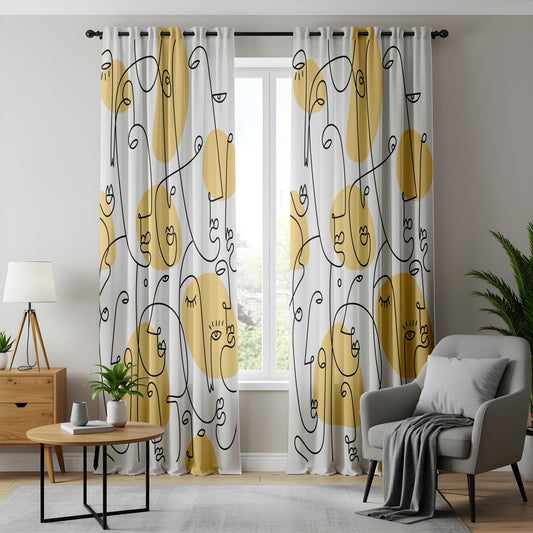 Onay Abstract Yellow Line Art Curtains – Modern Face Design Drapes for Contemporary Interiors