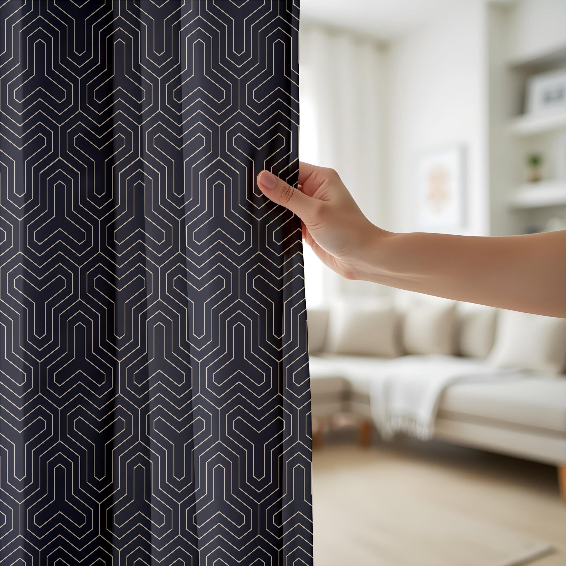 Onay Art Deco Geometric Living Room Curtains, Luxury Black ve Line Window Drapes