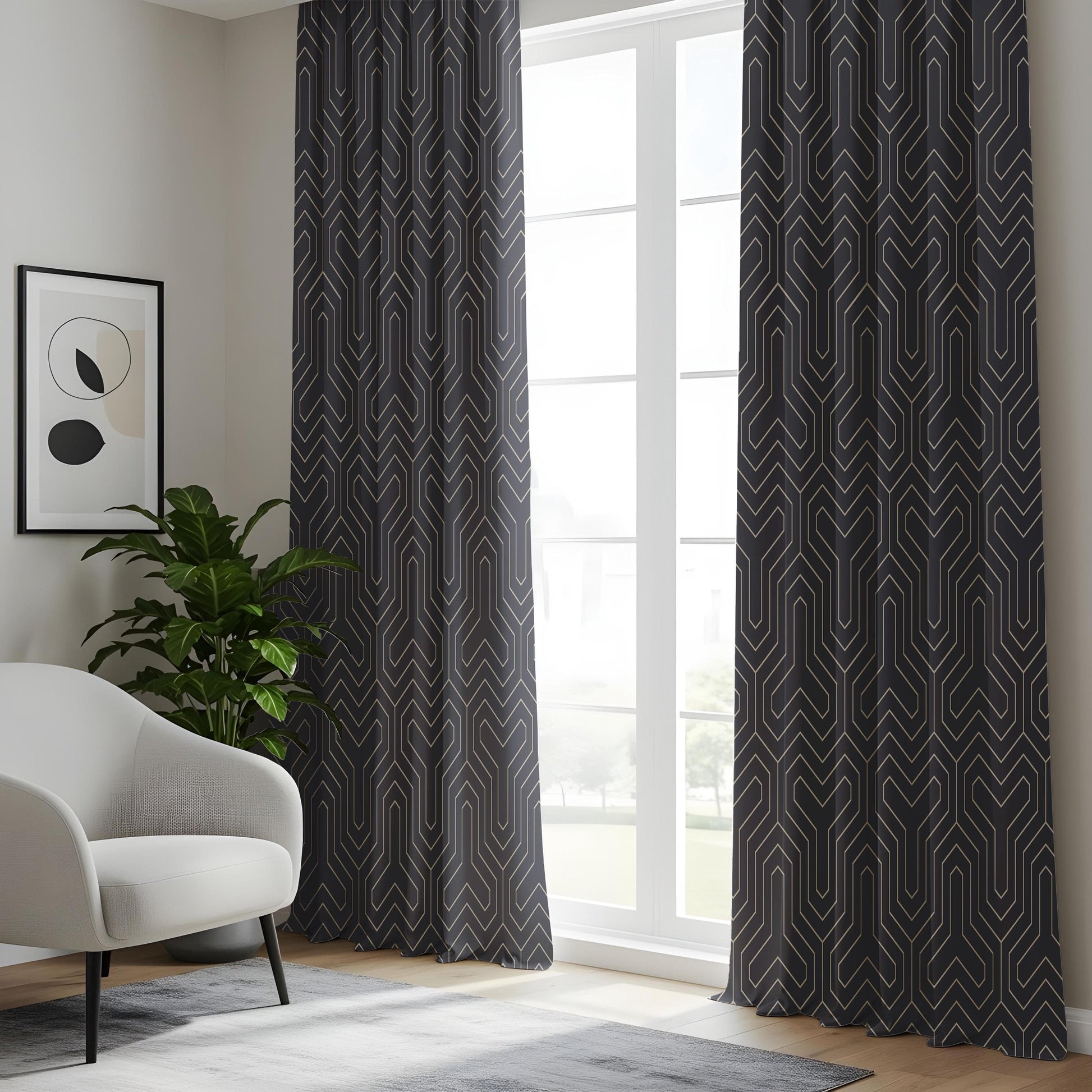 Onay Art Deco Geometric Living Room Curtains, Luxury Black ve Line Window Drapes