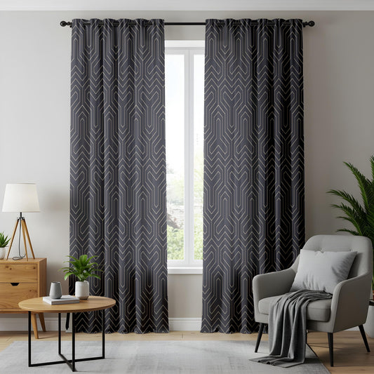 Onay Art Deco Geometric Living Room Curtains, Luxury Black ve Line Window Drapes