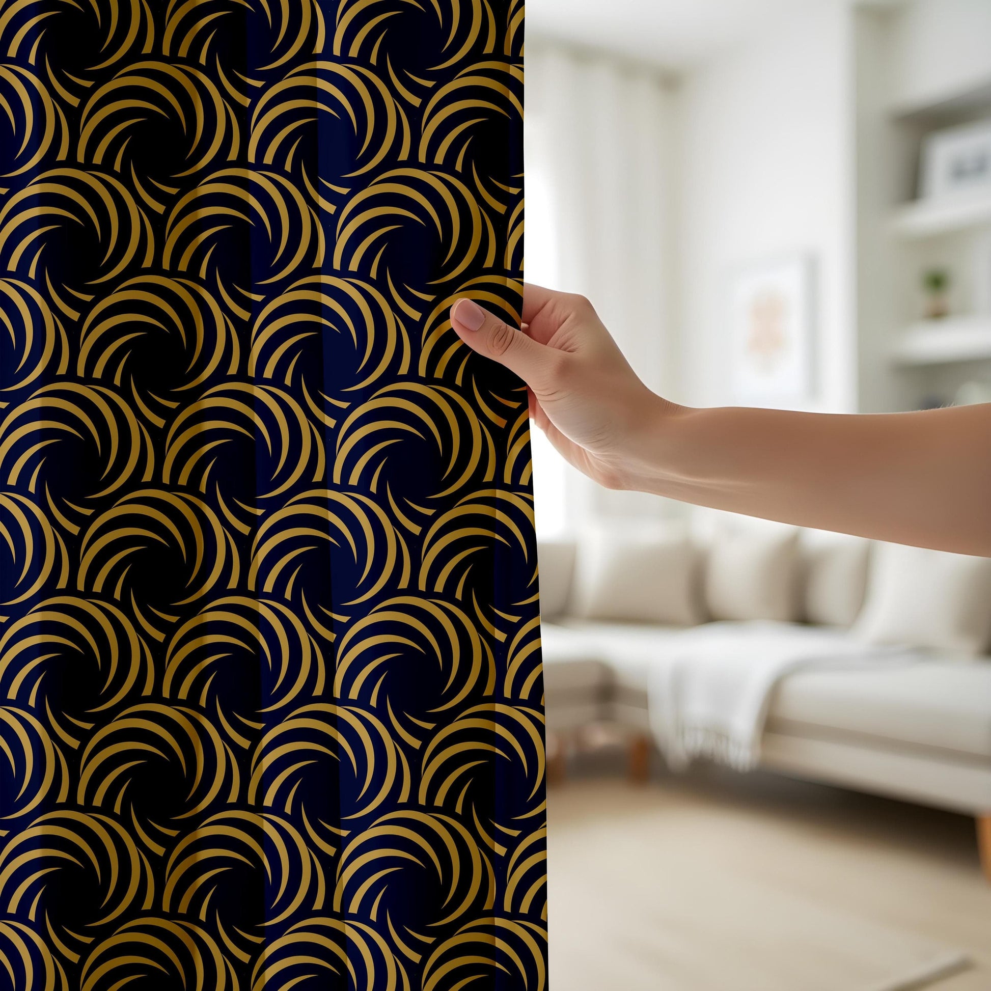 Onay Art Deco Gold and Navy Curtains, Glamorous Gatsby Style Curtains