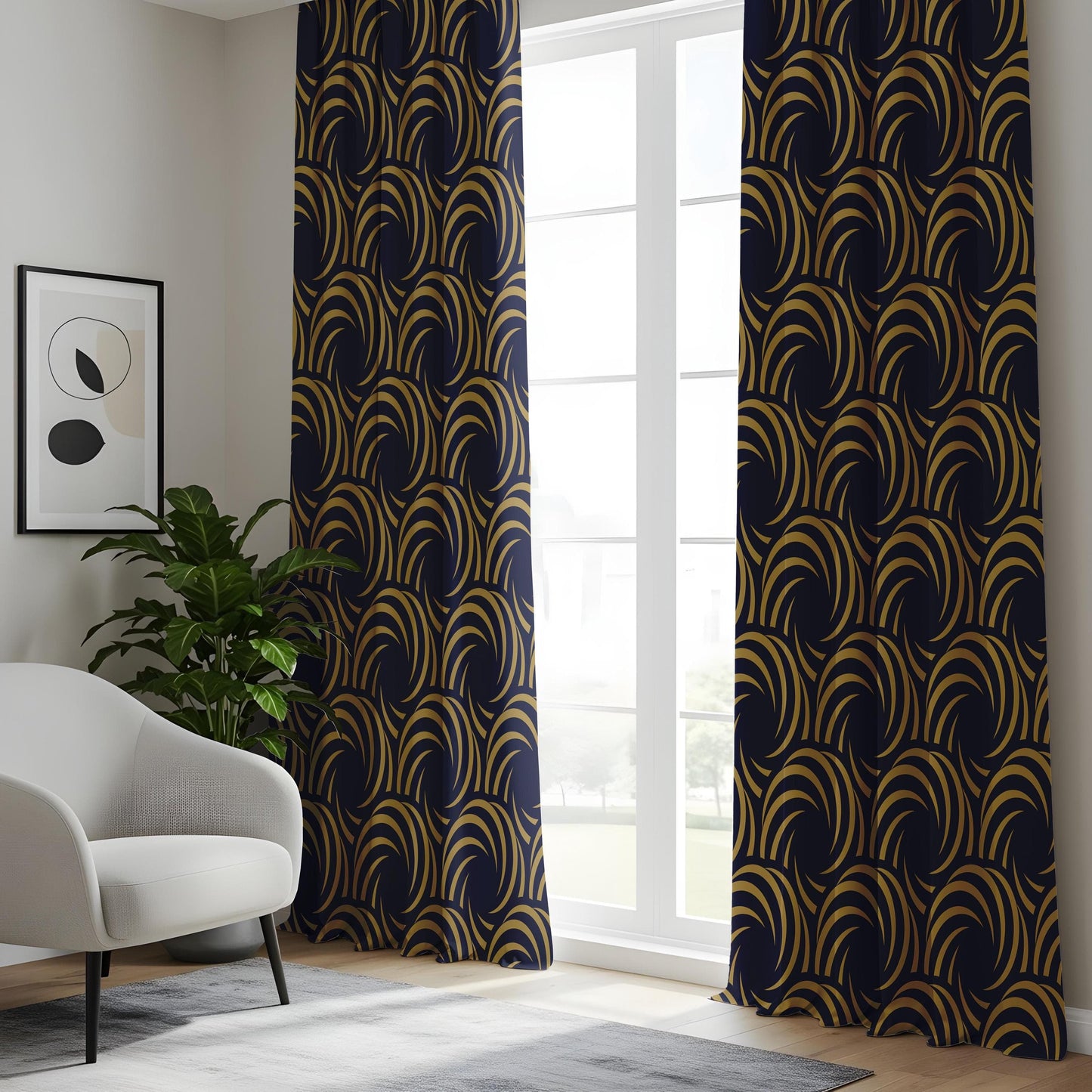 Onay Art Deco Gold and Navy Curtains, Glamorous Gatsby Style Curtains