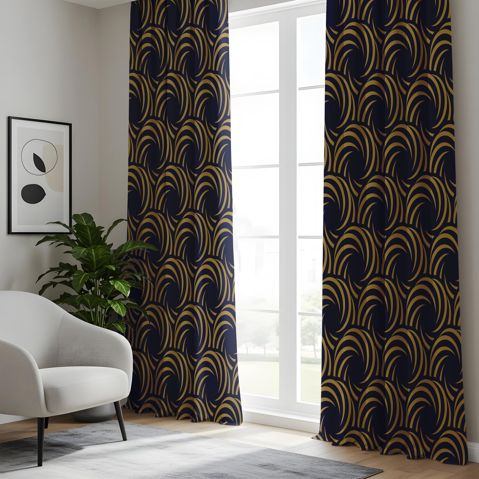 Onay Art Deco Gold and Navy Curtains, Glamorous Gatsby Style Curtains