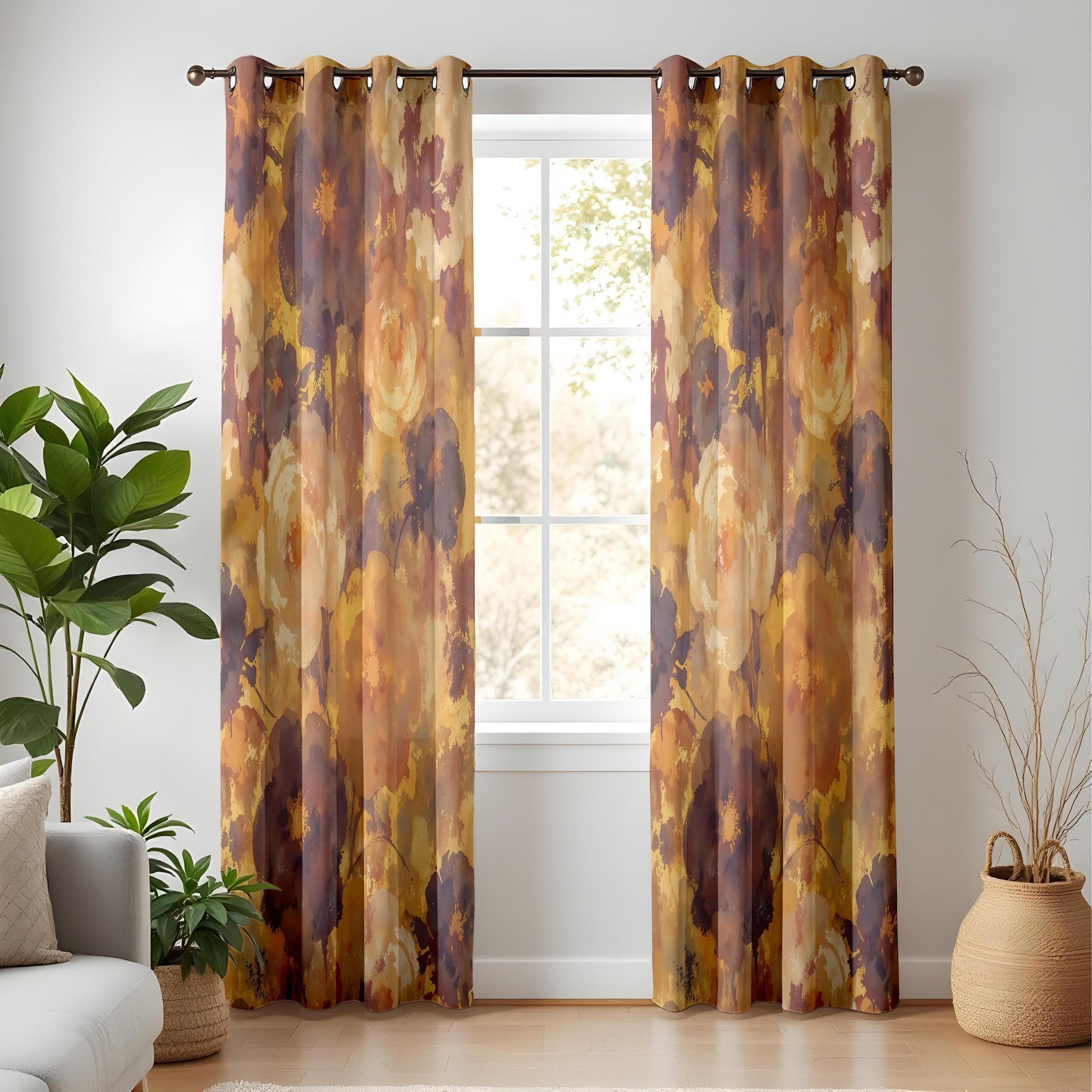 Onay Autumn Floral Curtains – Mustard & Plum Watercolor Drapes