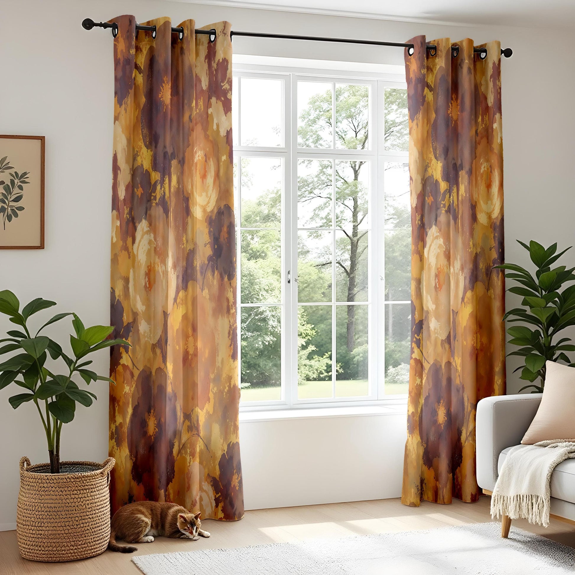 Onay Autumn Floral Curtains – Mustard & Plum Watercolor Drapes