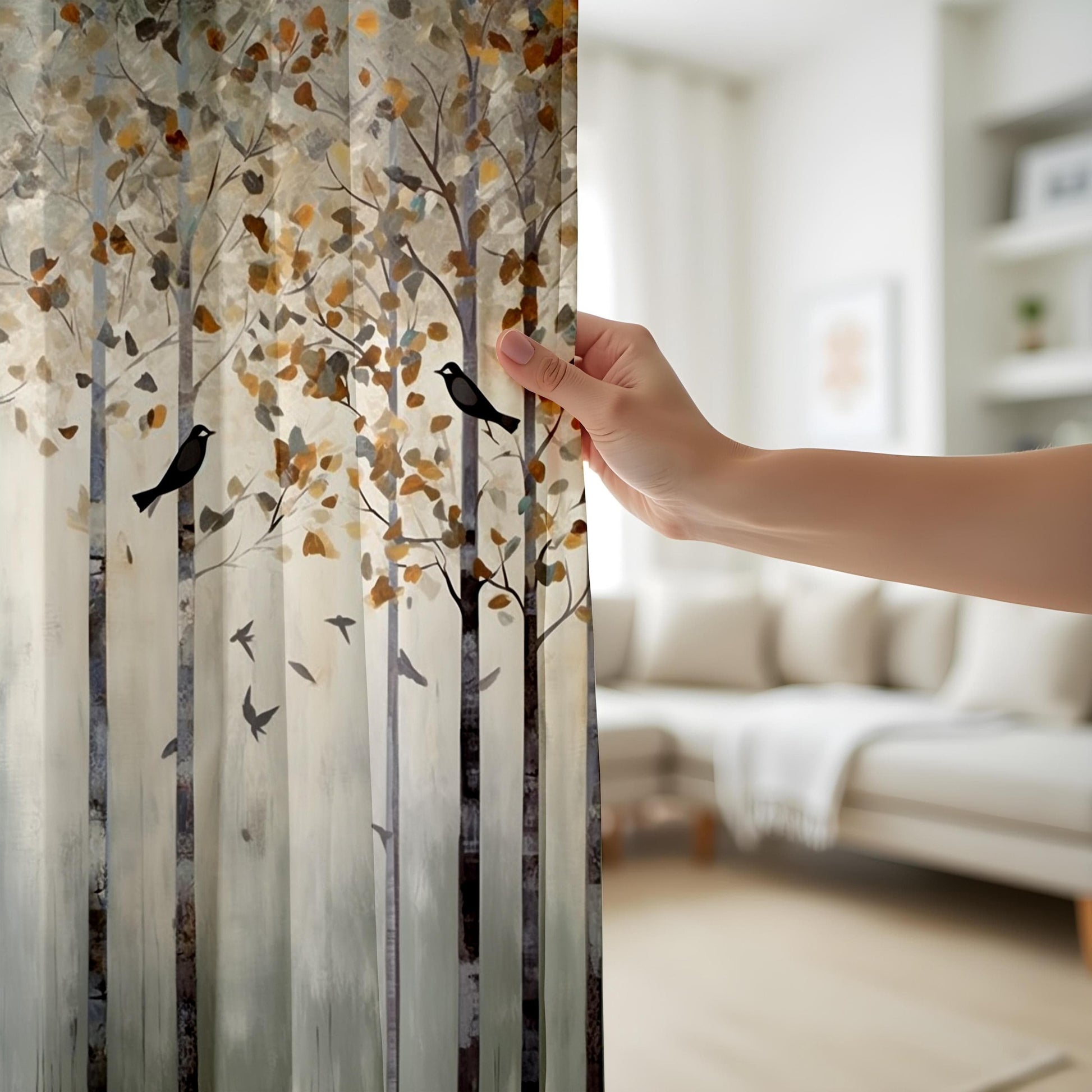 Onay Autumn Forest Blackout Curtains, Woodland Bird Window Drapes