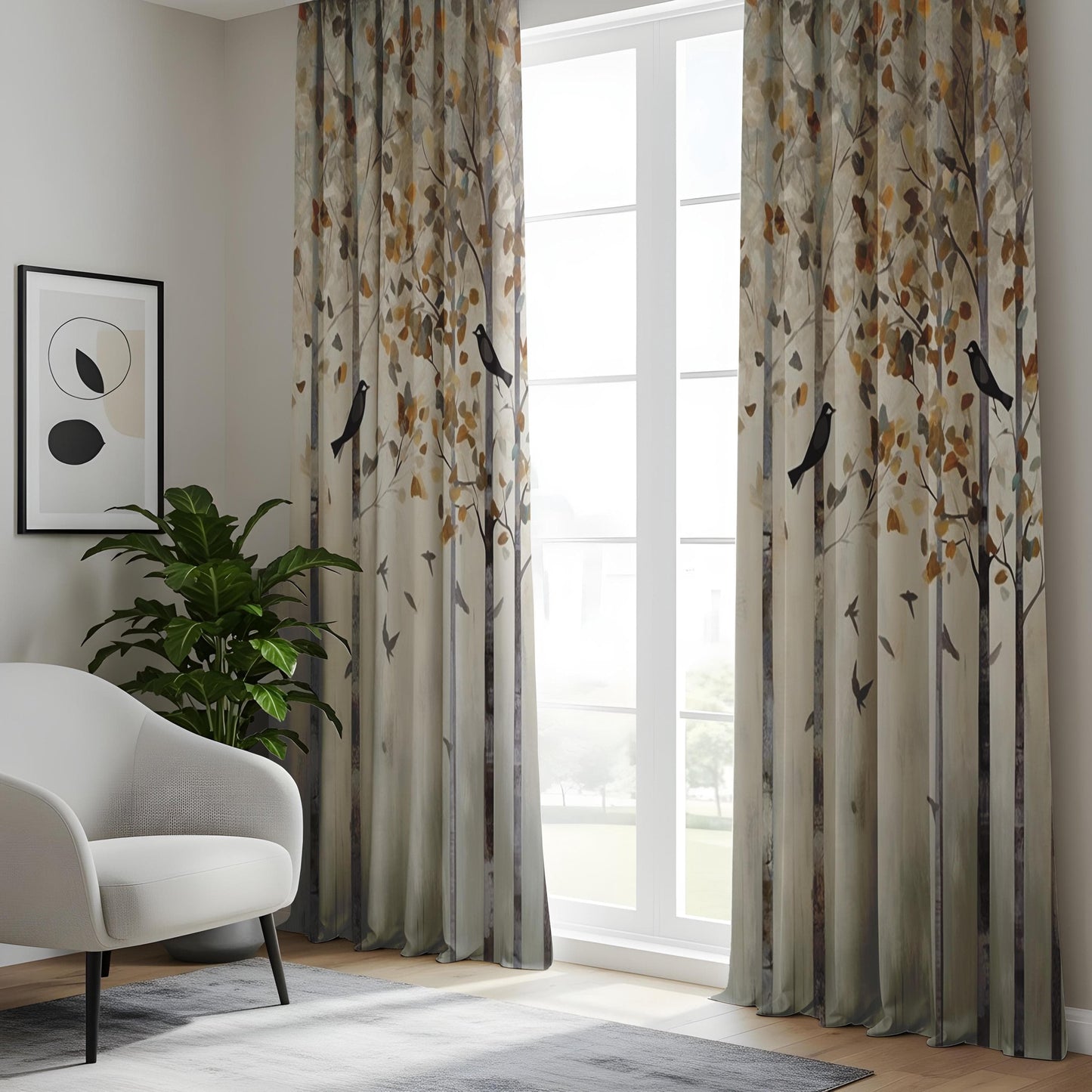 Onay Autumn Forest Blackout Curtains, Woodland Bird Window Drapes