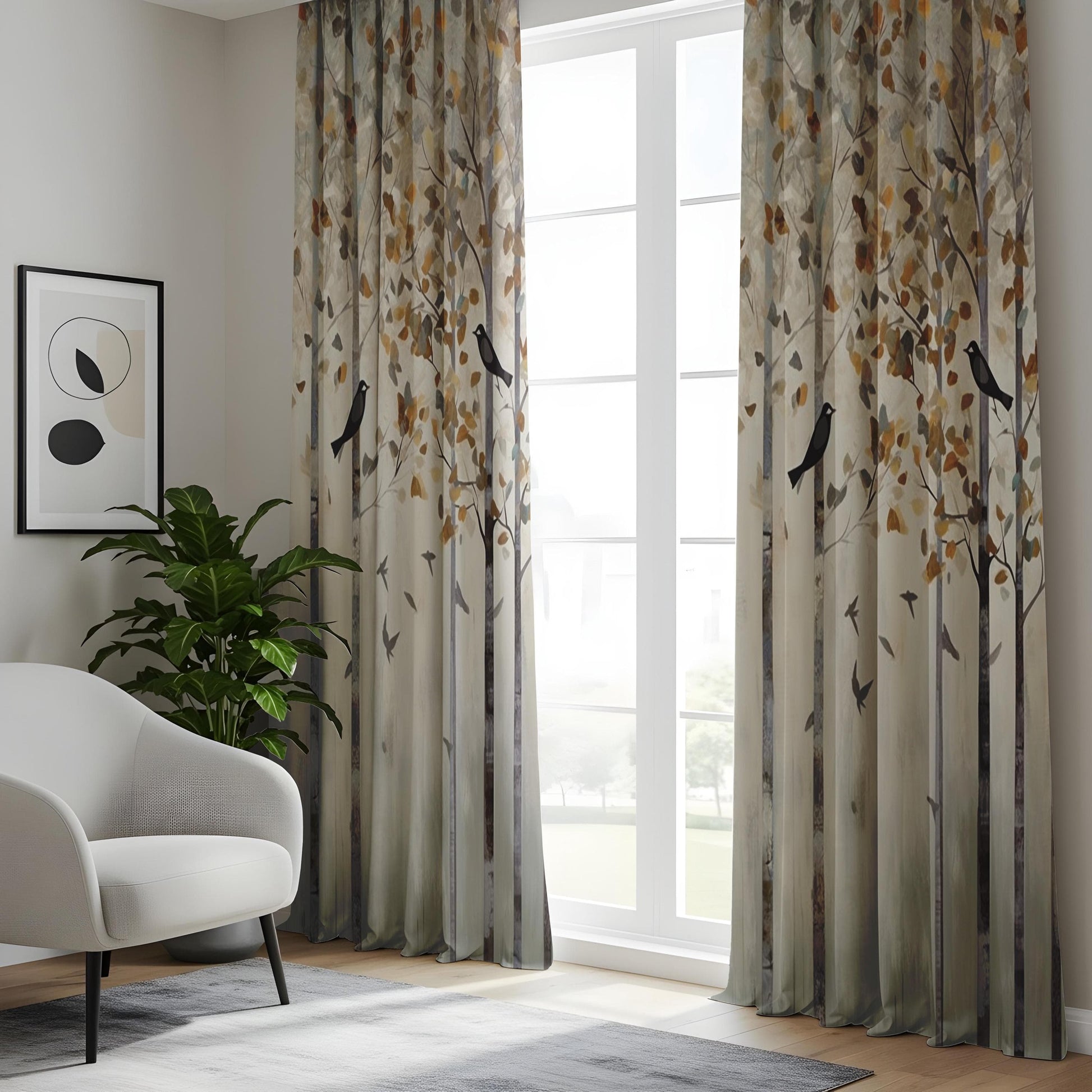 Onay Autumn Forest Blackout Curtains, Woodland Bird Window Drapes