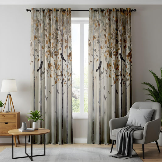 Onay Autumn Forest Blackout Curtains, Woodland Bird Window Drapes