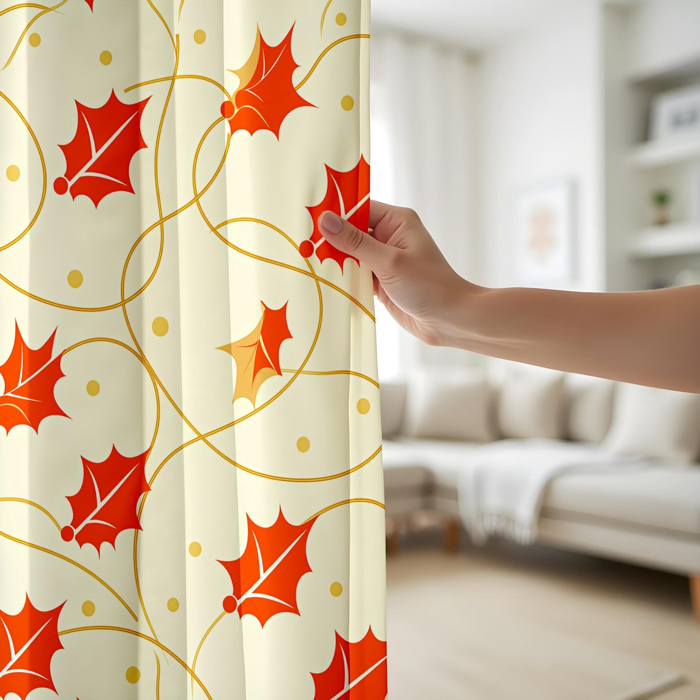 Onay Autumn Leaf Curtains – Elegant Orange Vine Pattern Drapes for a Cozy Seasonal Living Room