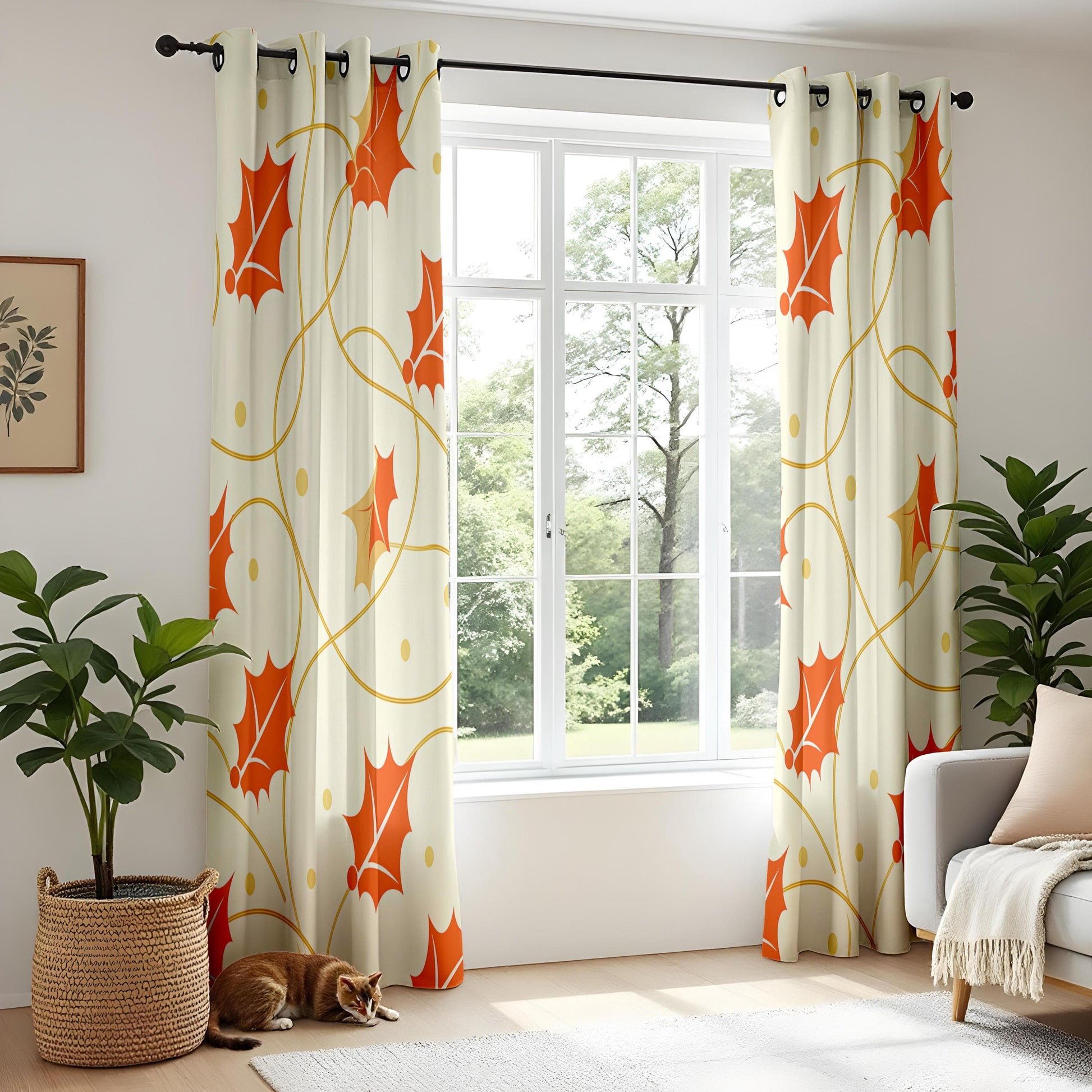 Onay Autumn Leaf Curtains – Elegant Orange Vine Pattern Drapes for a Cozy Seasonal Living Room