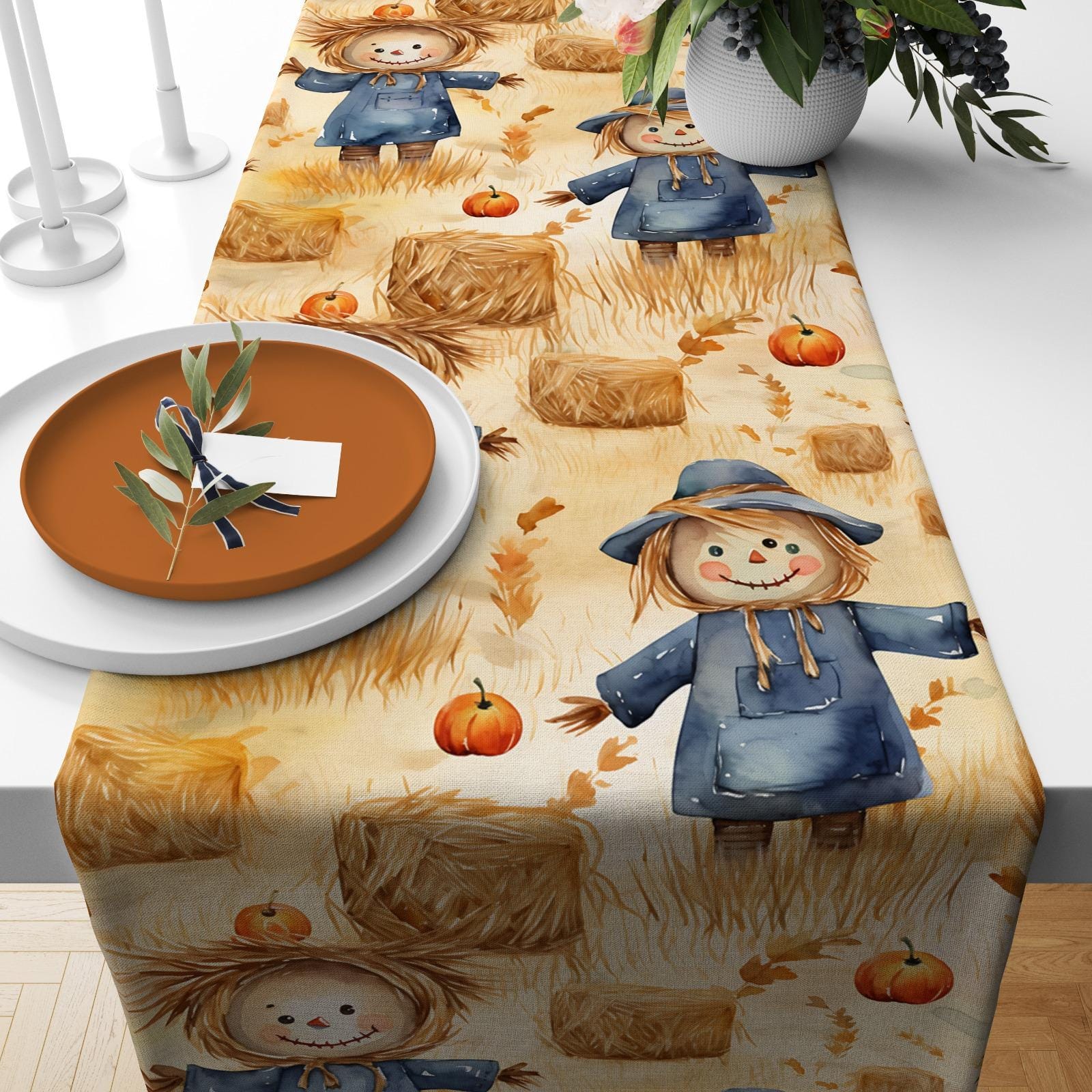 Onay Table Runner 1 / 12 x 46 inch (30 x 120 cm) Autumn Table Runner, Pumpkin Patch Rustic Fall Table Cloth