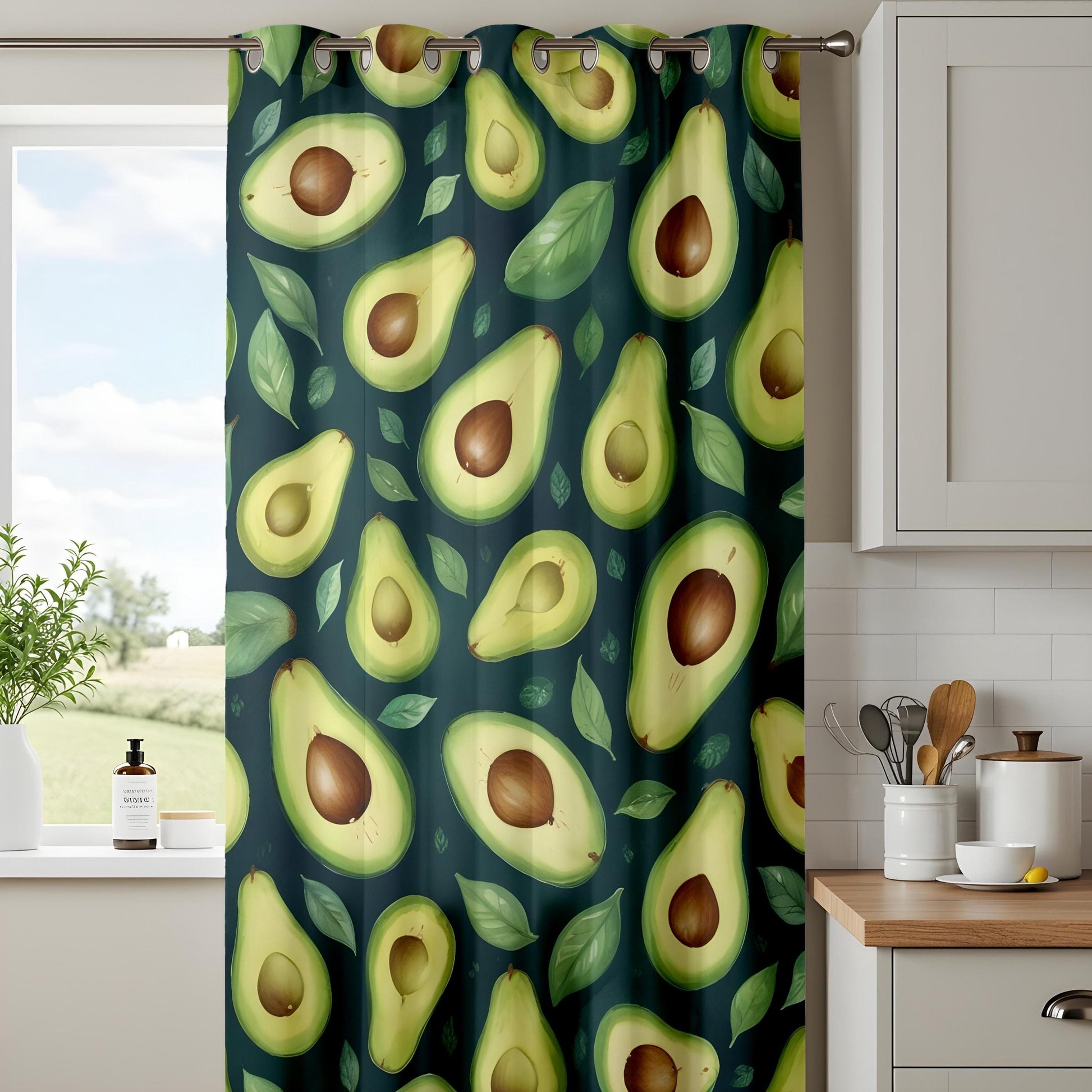 Onay Avocado Kitchen Curtains, Green Fruit Pattern Drapes, Fun Foodie Window Panels