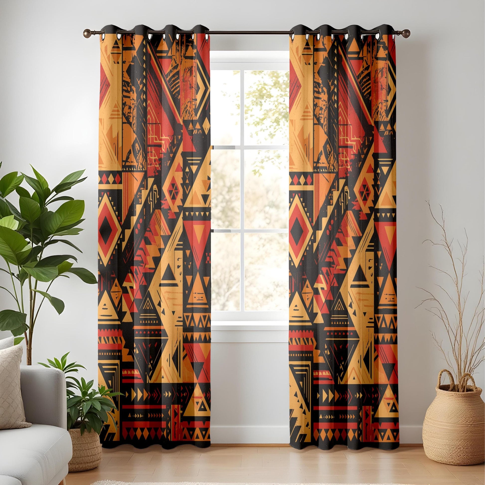 Onay Aztec-Inspired Curtains – Bold Red and Black Geometric Drapes for Boho Southwestern Interiors